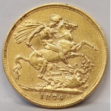 GREAT BRITAIN UK 1874 . ONE 1 SOVEREIGN . GOLD COIN